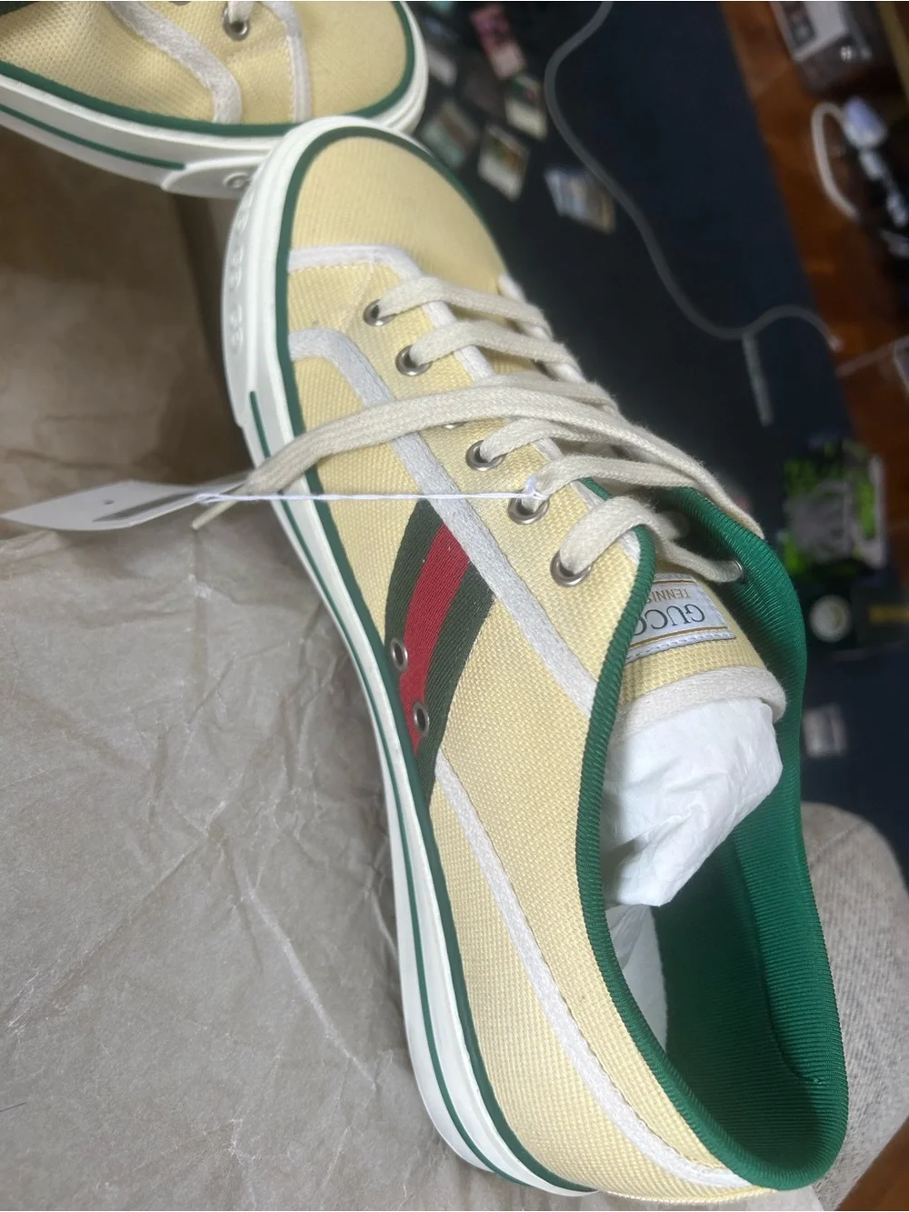 Gucci Beige Canvas Low-Top Sneakers with Green & Red Stripe